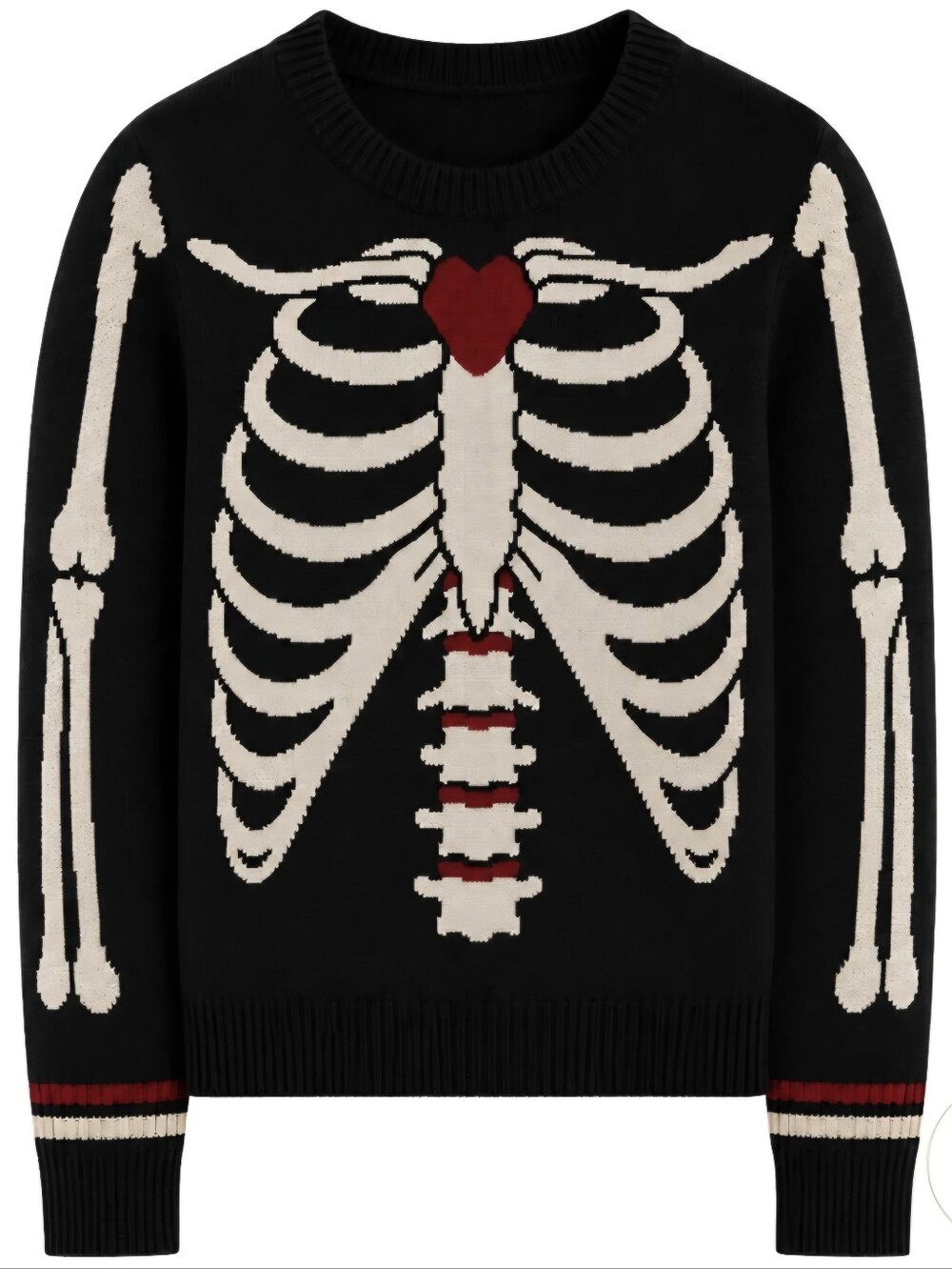 Oxknit Black Skeleton Knit Sweater with Red Heart Women's Large